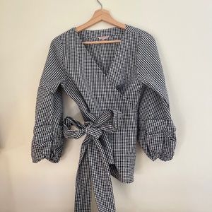Esqualo Gingham Wrap Top with Puffed Sleeves and Bow!